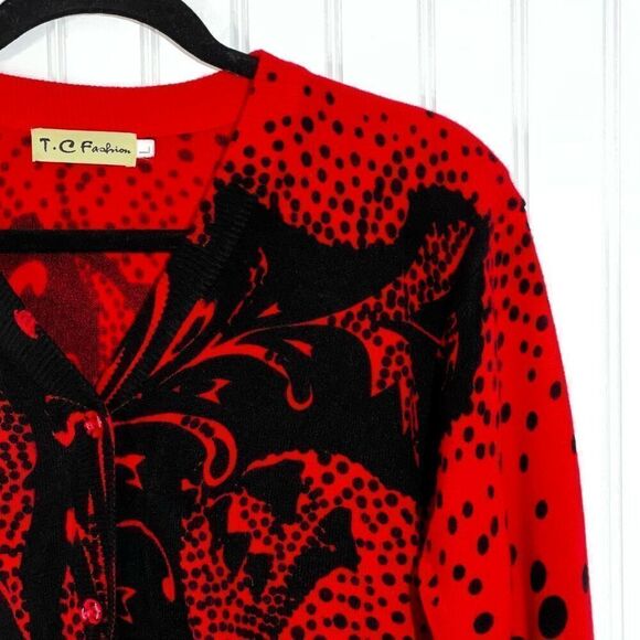 T.C. Fashion Cardigan Sweater Women Large Red/Black Floral Button Front Polkadot - Picture 3 of 7